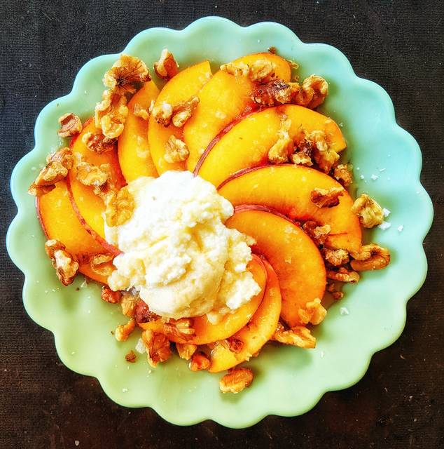 Sweet and salty peaches are one of the many ways I love this scrumptious summer fruit. A smidge of ricotta, toasted walnuts, drizzled sorgum, chunky salt and Im all set. But Im never upset about eating a peach right out of my palm. A ripe peach can be one of the messiest fruits enjoyed. Rarely, do you see anyone fuss or complain about it.