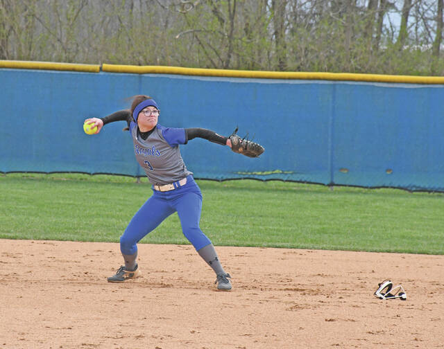 Mason Countys Kenzie Gulley prepares to throw to first base after a ground ball. (Evan Dennison, The Ledger Independent)