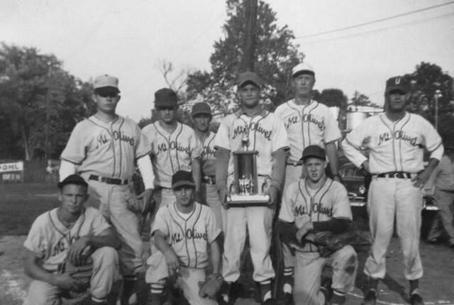 Todays throwback is of the 1961 Mt. Olivet team that won the Bluegrass league. Pictured, back row, left to right: Tony Overby, Leslie McDowell, Dee Whitaker, Ron Workman, Julian Robinson (manager) and Tuffy Workman. Front row, left to right: Scotty Graves, Bud Clark and Duane Faris. All are deceased excluding: Tuffy Workman, Bud Clark and Duane Faris. (Submitted by Ron Bailey)