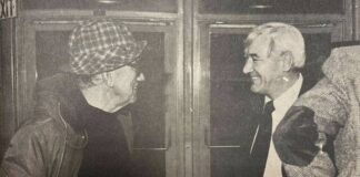 
			
				                                Hall of Fame coaches Earle D. Jones and Bob Hall chat in the Fieldhouse lobby. (Submitted by Ron Bailey)
 
			
		