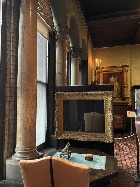 <p>An empty frame remains in its original location at The Isabella Stewart Gardner Museum in Boston, Massachusetts, as a gesture of hope that the art will be recovered and returned.</p>